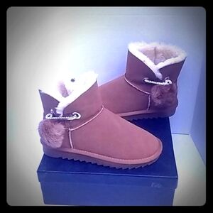 Chestnut Pom-Pom Faux Shearling Lined Booties
